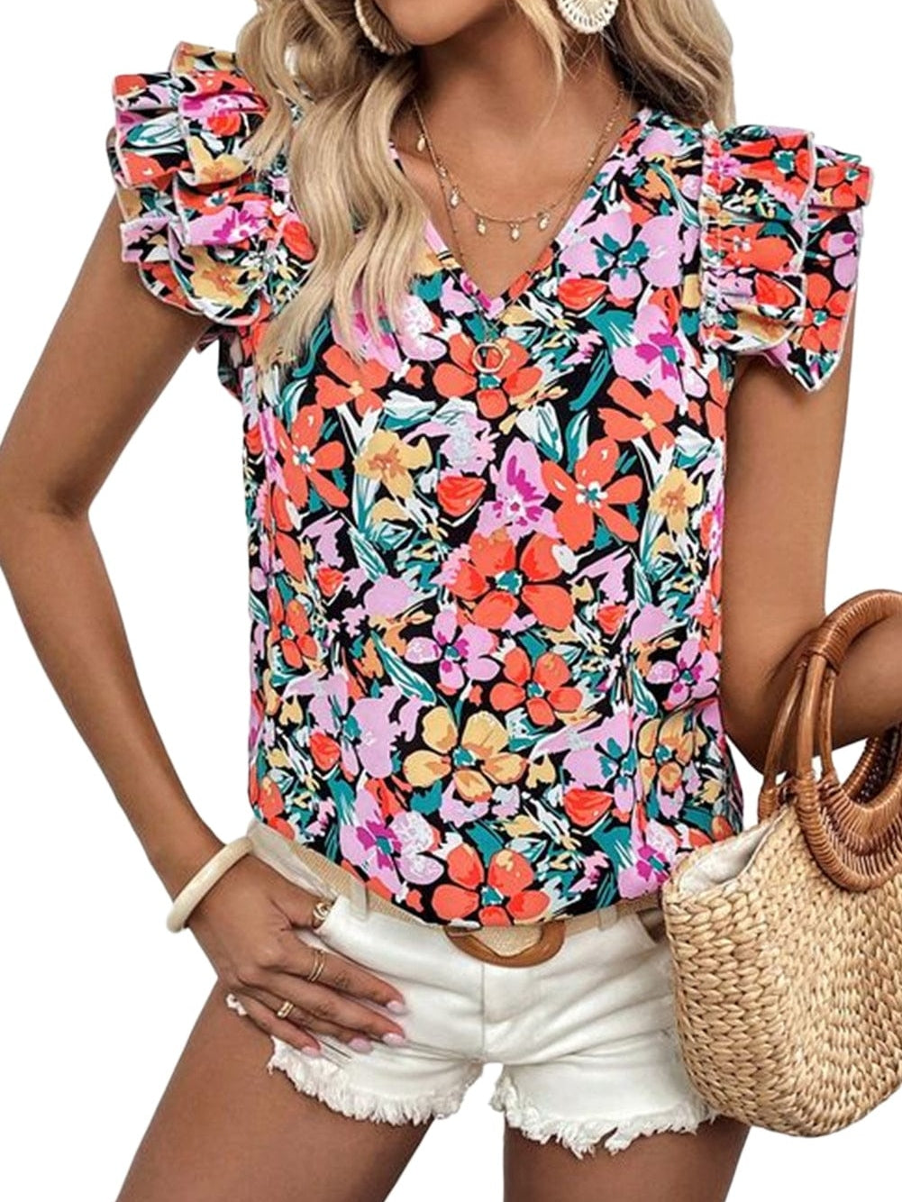 Floral Boho Tiered Ruffle Sleeve Top