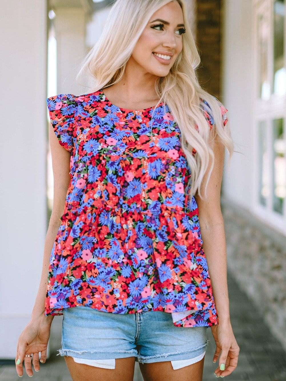 Floral Bouquet Ruffle Sleeve Babydoll Blouse