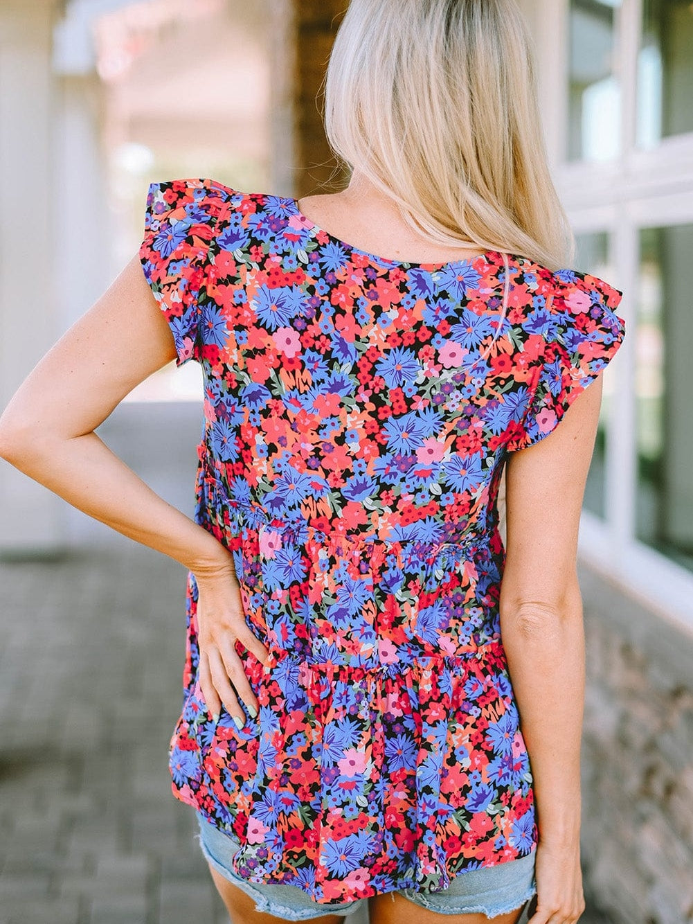 Floral Bouquet Ruffle Sleeve Babydoll Blouse