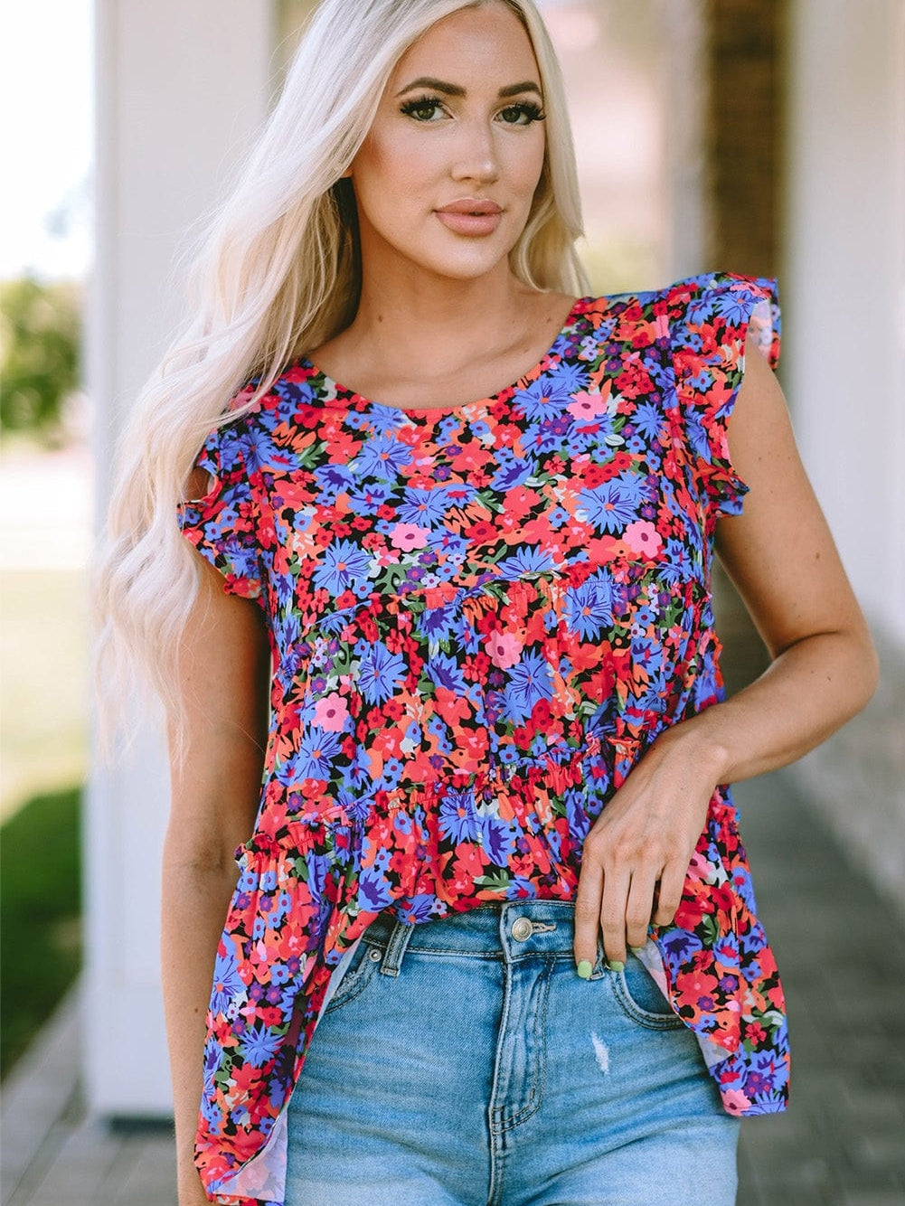 Floral Bouquet Ruffle Sleeve Babydoll Blouse