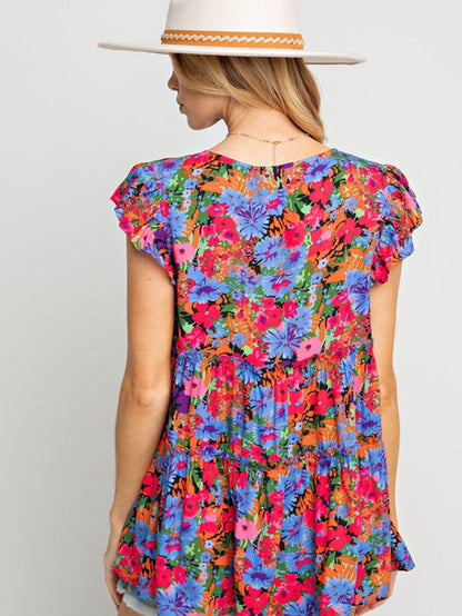 Floral Bouquet Ruffle Sleeve Babydoll Blouse