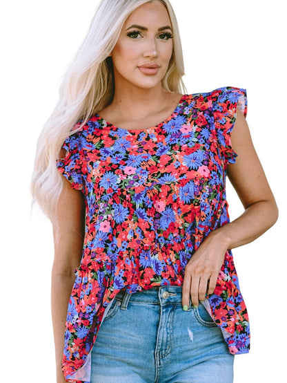 Floral Bouquet Ruffle Sleeve Babydoll Blouse