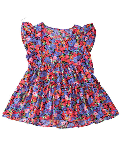 Floral Bouquet Ruffle Sleeve Babydoll Blouse