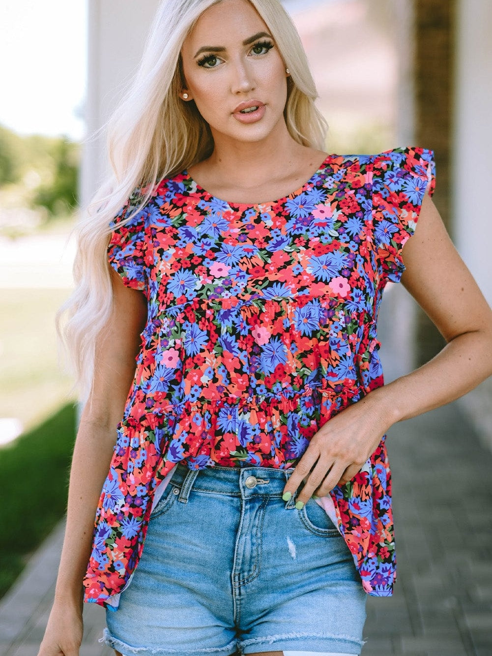 Floral Bouquet Ruffle Sleeve Babydoll Blouse