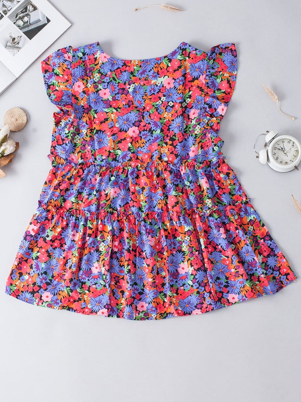 Floral Bouquet Ruffle Sleeve Babydoll Blouse
