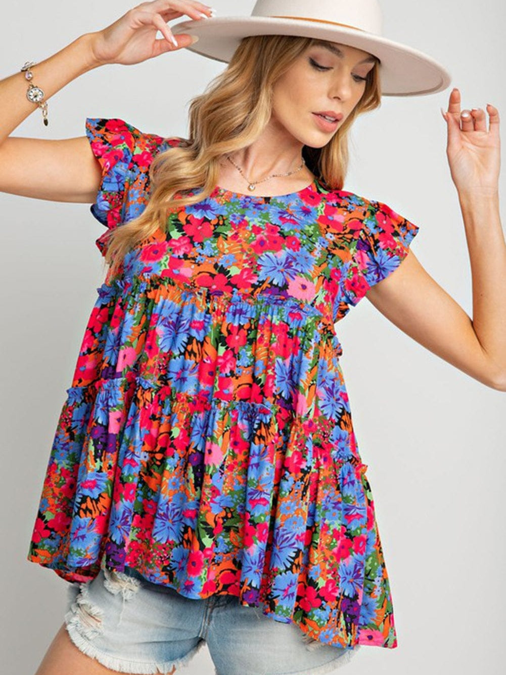 Floral Bouquet Ruffle Sleeve Babydoll Blouse