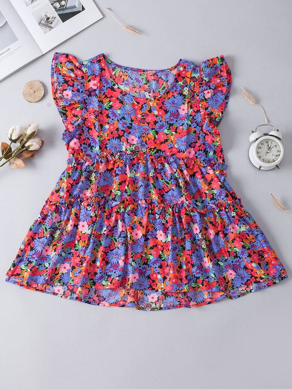 Floral Bouquet Ruffle Sleeve Babydoll Blouse