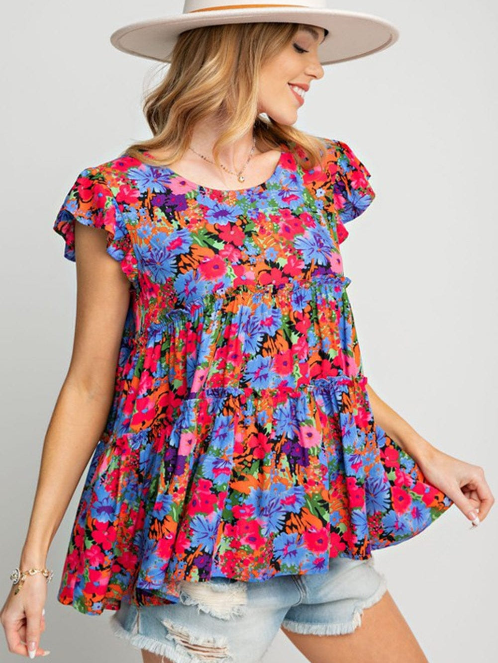 Floral Bouquet Ruffle Sleeve Babydoll Blouse