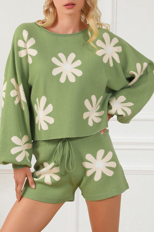 Floral Bubble Sleeve Green Knit Sweater and Shorts Ensemble