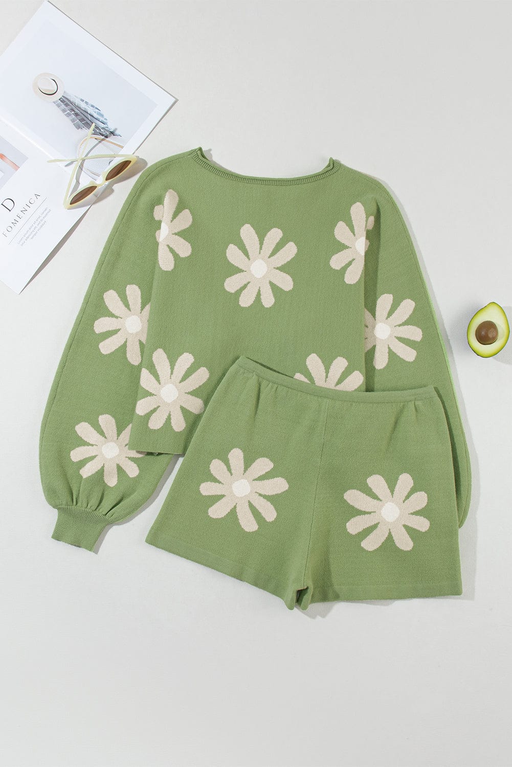 Floral Bubble Sleeve Green Knit Sweater and Shorts Ensemble