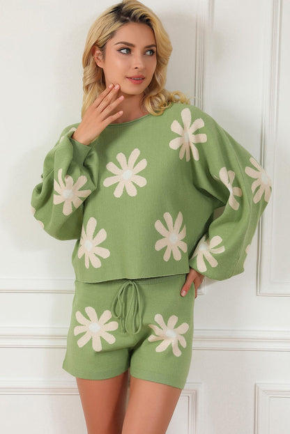 Floral Bubble Sleeve Green Knit Sweater and Shorts Ensemble