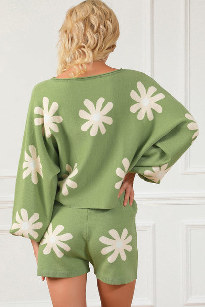 Floral Bubble Sleeve Green Knit Sweater and Shorts Ensemble