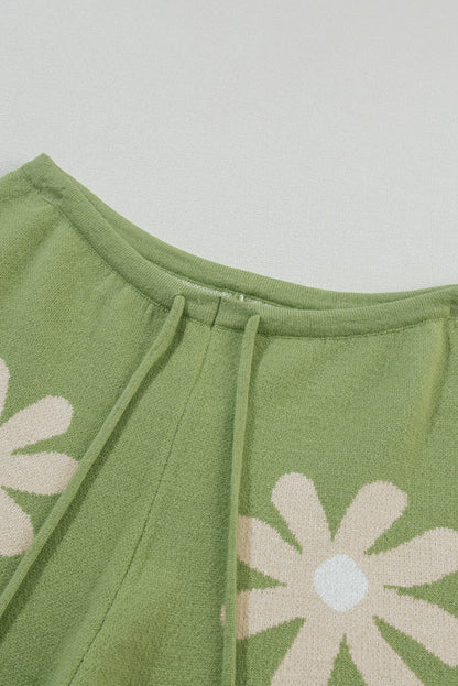Floral Bubble Sleeve Green Knit Sweater and Shorts Ensemble
