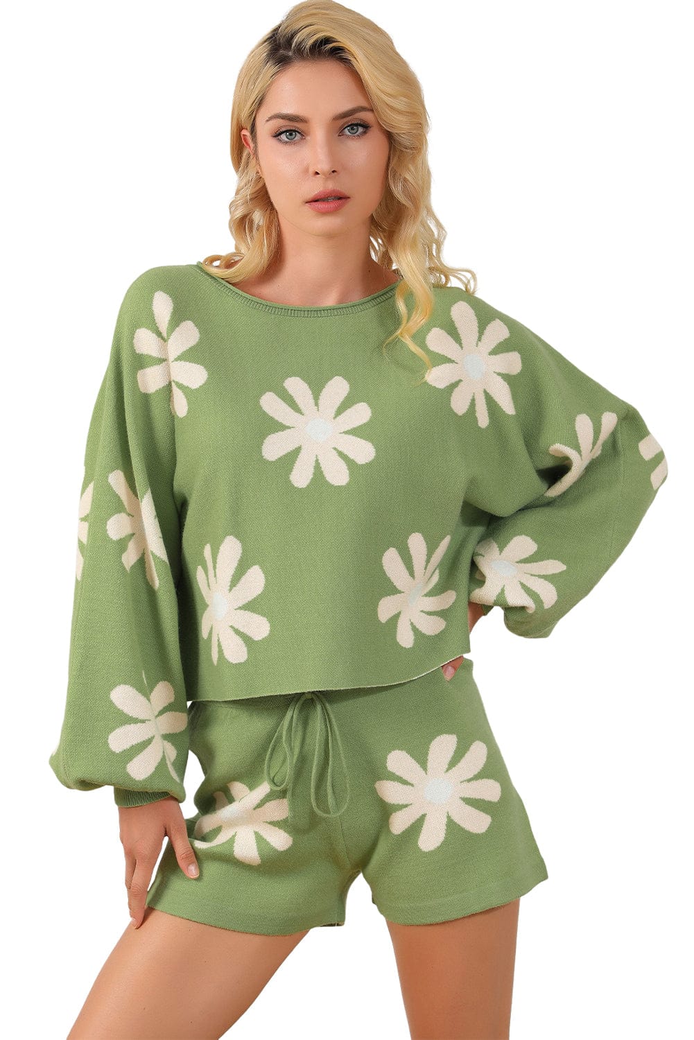 Floral Bubble Sleeve Green Knit Sweater and Shorts Ensemble