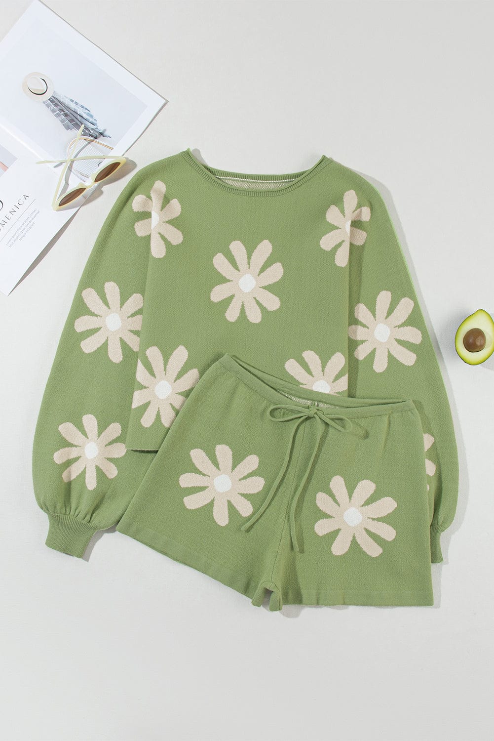 Floral Bubble Sleeve Green Knit Sweater and Shorts Ensemble