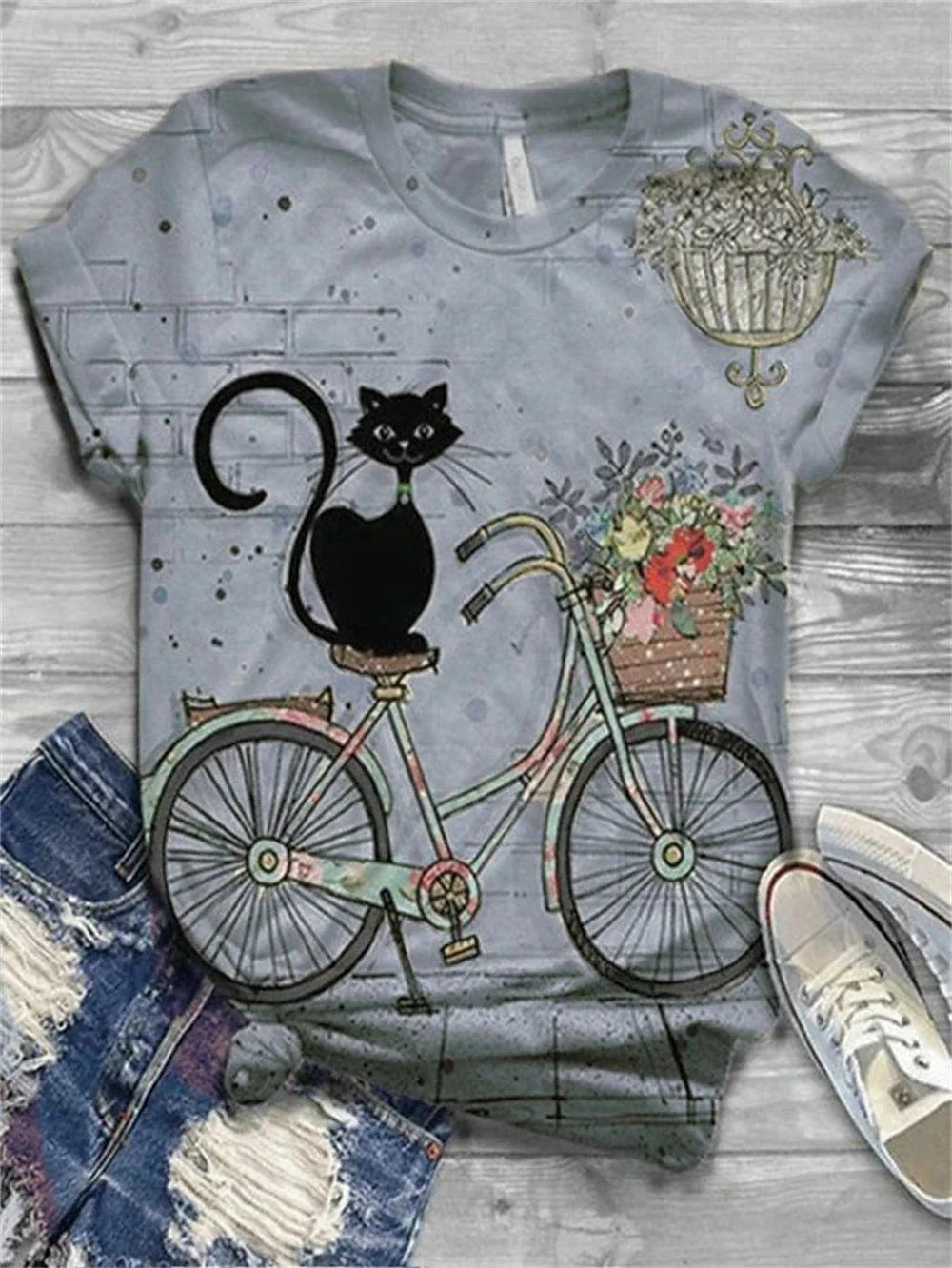 Floral Cat Print Women's T-shirt
