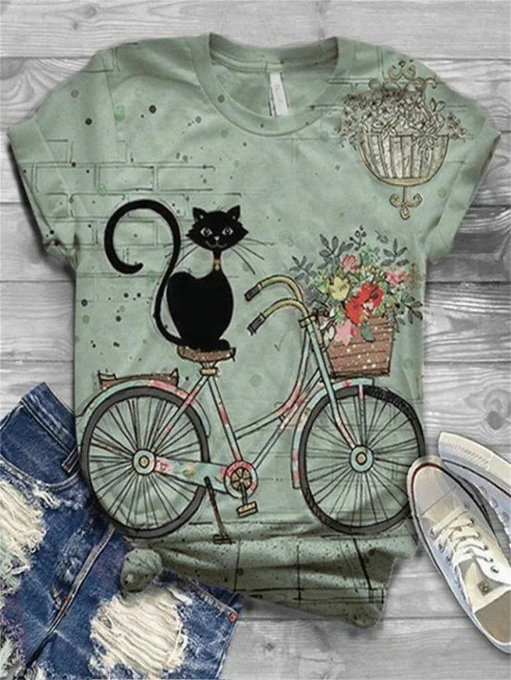 Floral Cat Print Women's T-shirt