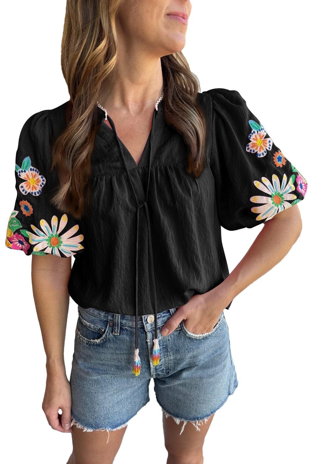 Floral Charm Black V-Neck Embroidered Puff Sleeve Blouse