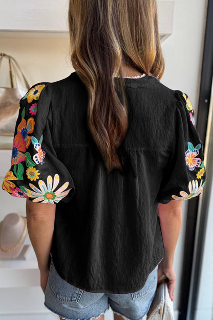 Floral Charm Black V-Neck Embroidered Puff Sleeve Blouse
