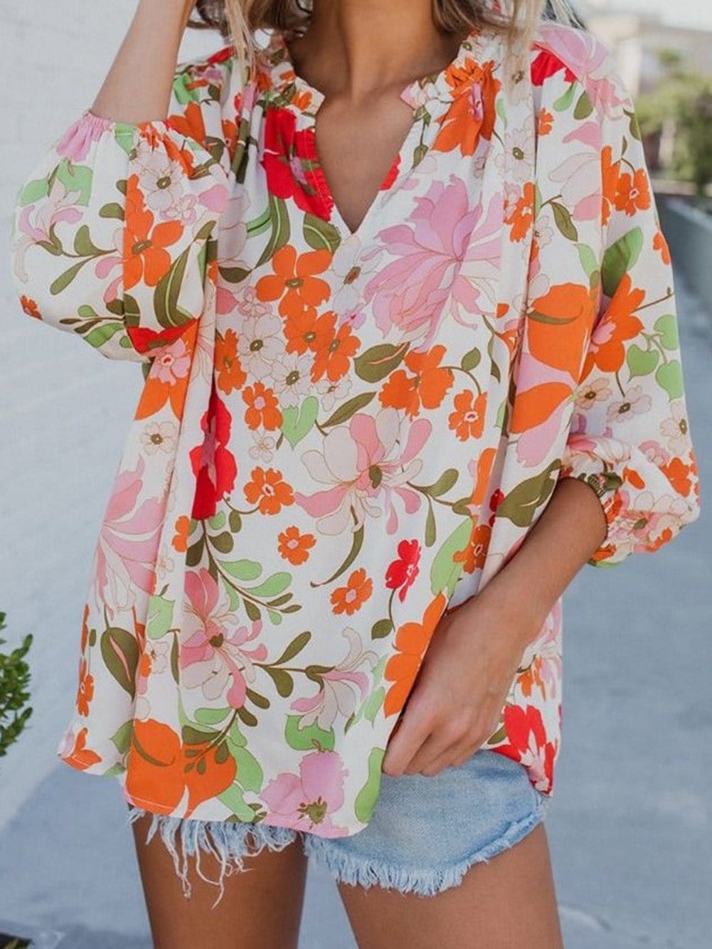Floral Charm Frilled V-Neck Puff Sleeve Blouse