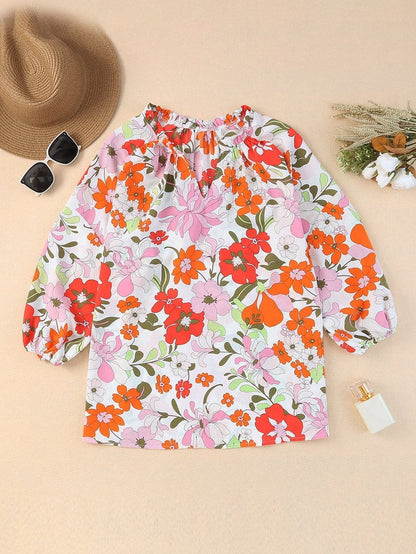 Floral Charm Frilled V-Neck Puff Sleeve Blouse