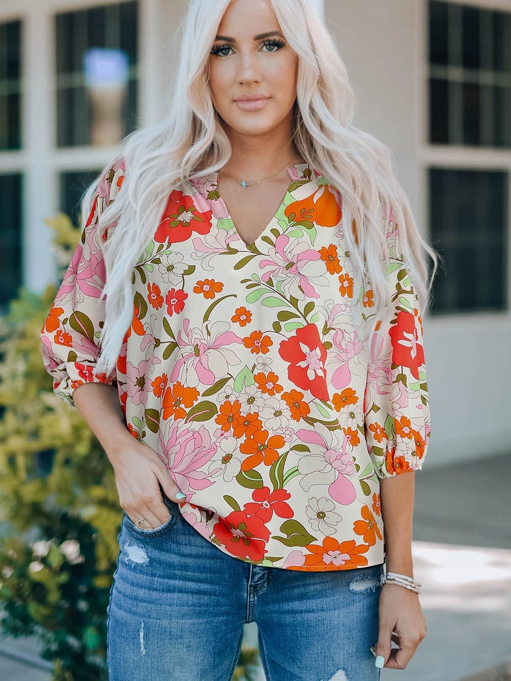 Floral Charm Frilled V-Neck Puff Sleeve Blouse