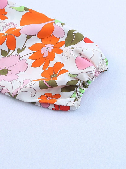 Floral Charm Frilled V-Neck Puff Sleeve Blouse