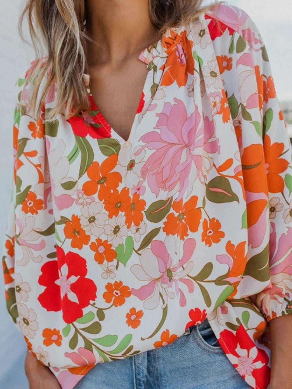 Floral Charm Frilled V-Neck Puff Sleeve Blouse