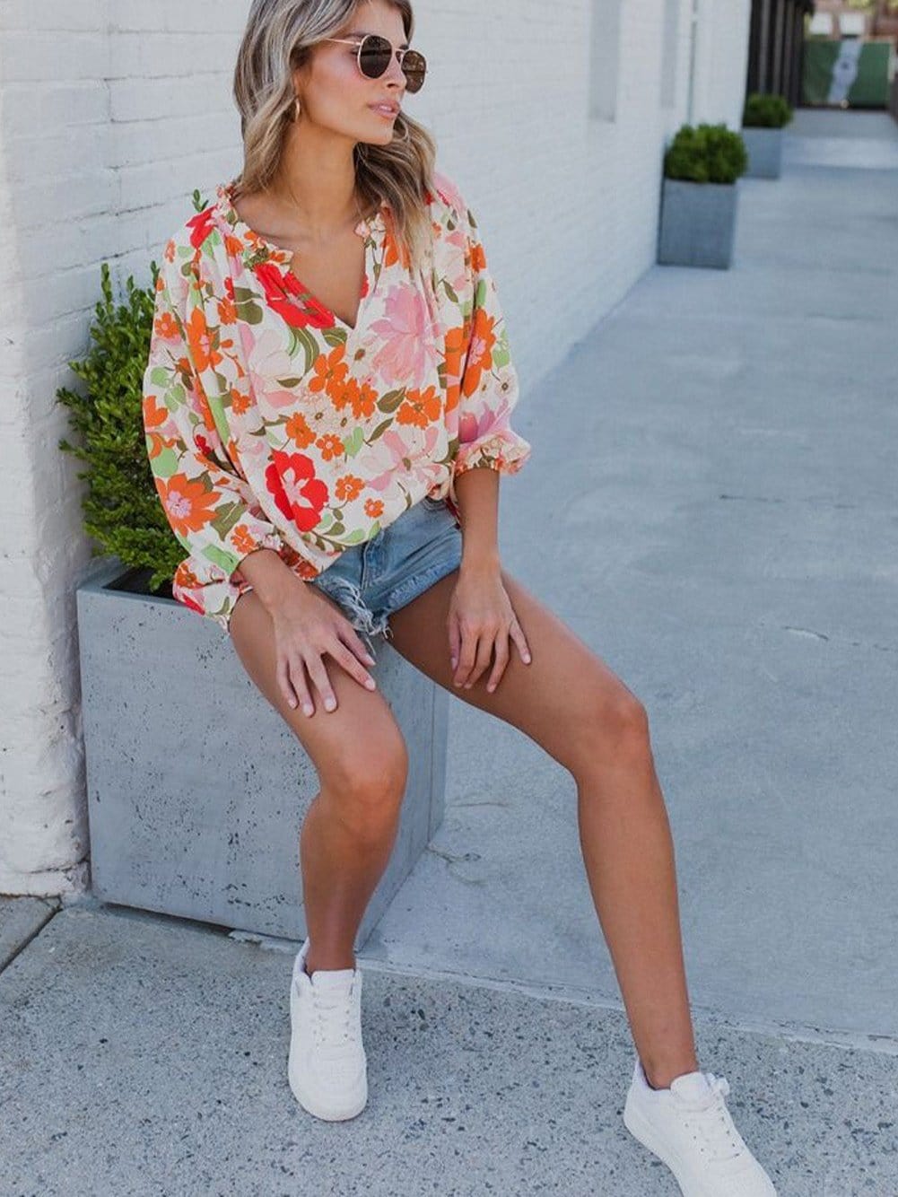 Floral Charm Frilled V-Neck Puff Sleeve Blouse