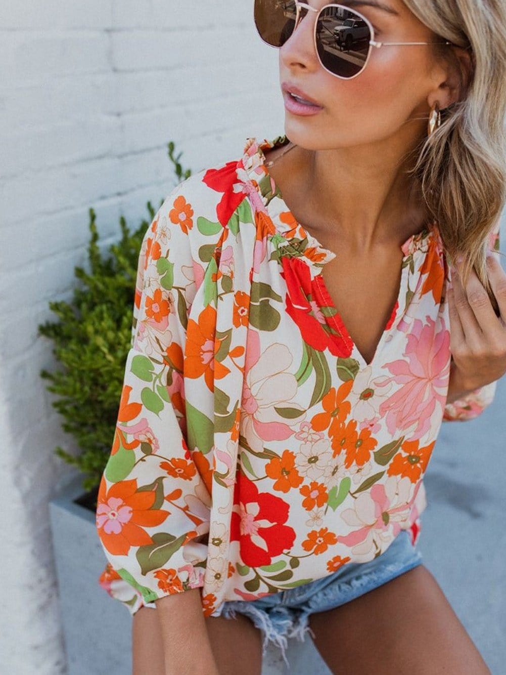 Floral Charm Frilled V-Neck Puff Sleeve Blouse