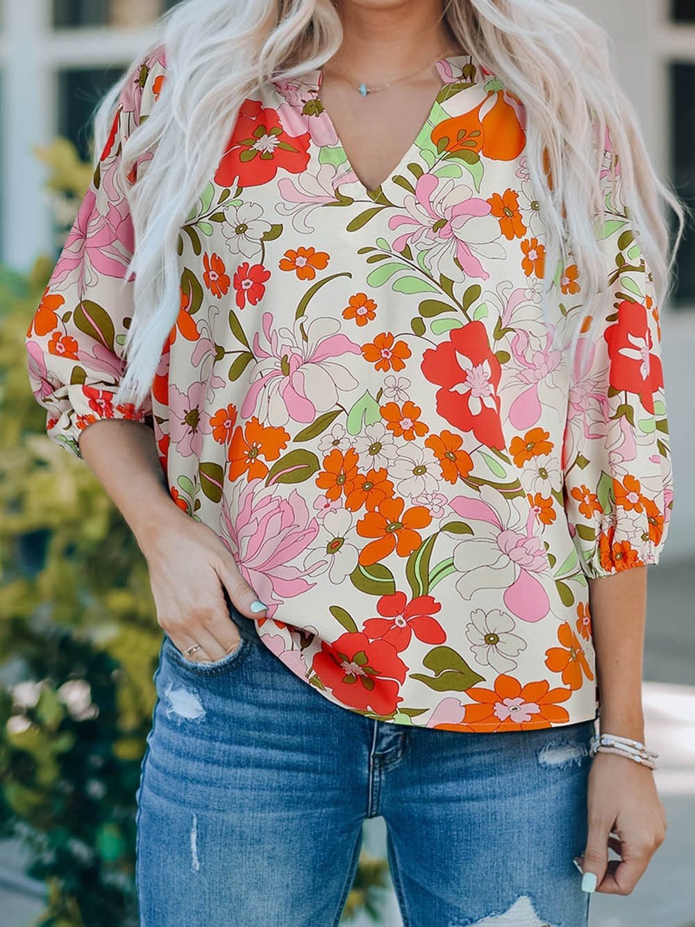 Floral Charm Frilled V-Neck Puff Sleeve Blouse