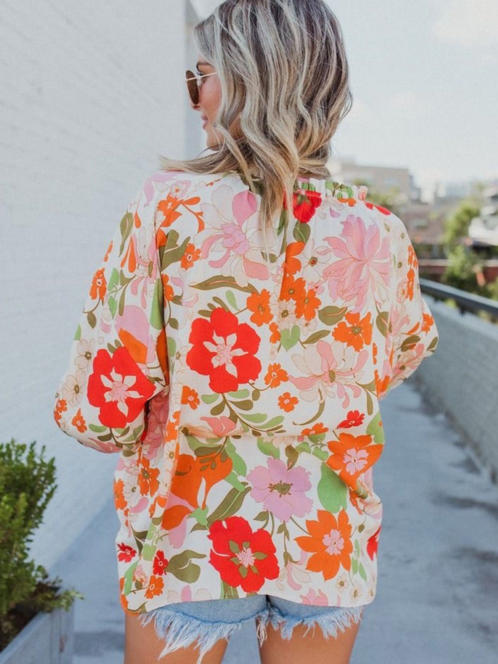 Floral Charm Frilled V-Neck Puff Sleeve Blouse
