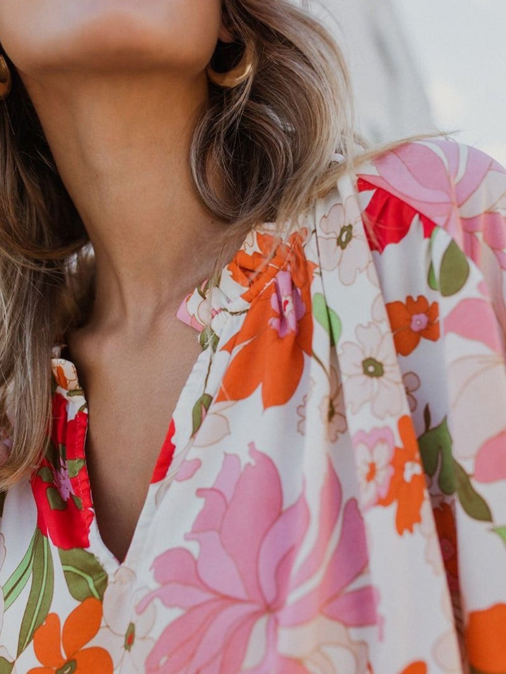 Floral Charm Frilled V-Neck Puff Sleeve Blouse