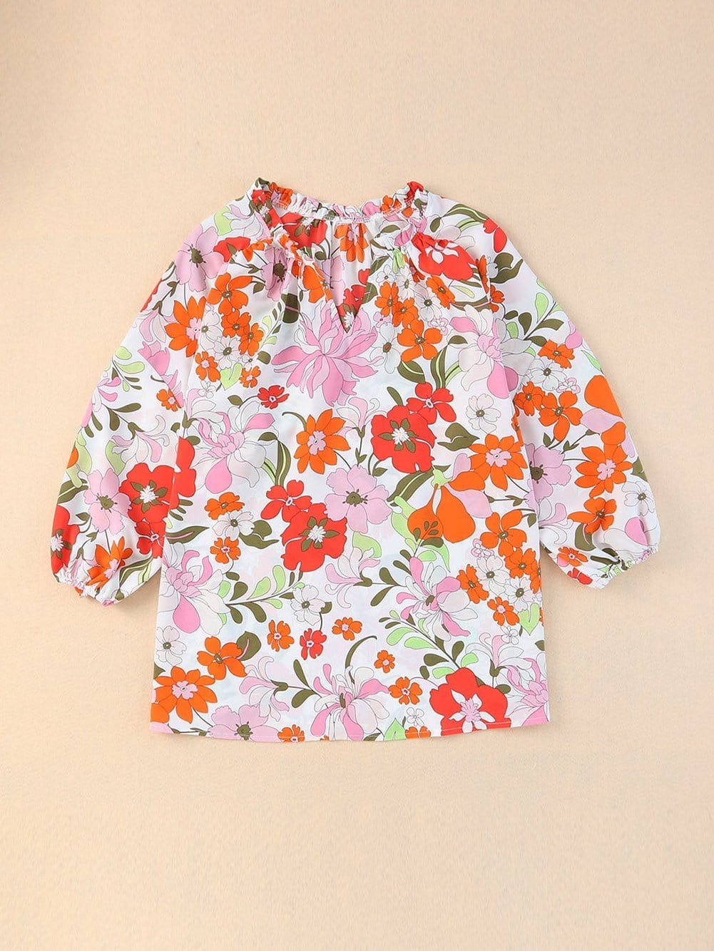 Floral Charm Frilled V-Neck Puff Sleeve Blouse
