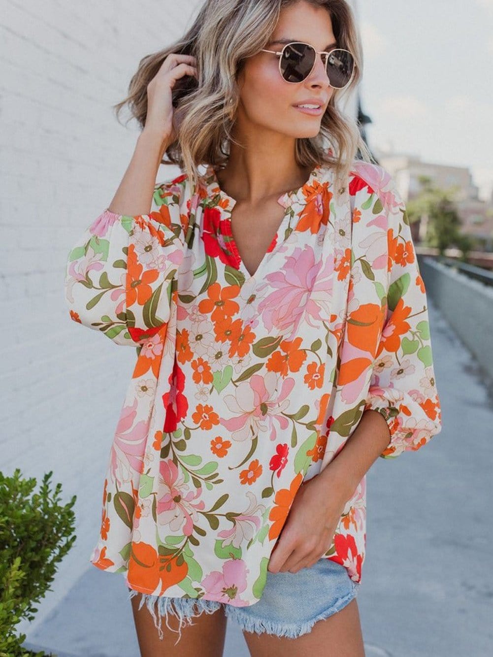 Floral Charm Frilled V-Neck Puff Sleeve Blouse