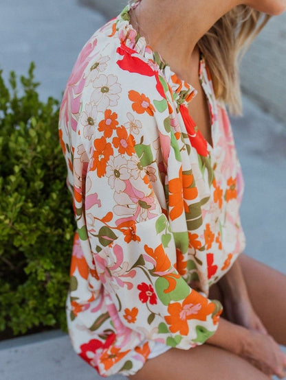 Floral Charm Frilled V-Neck Puff Sleeve Blouse