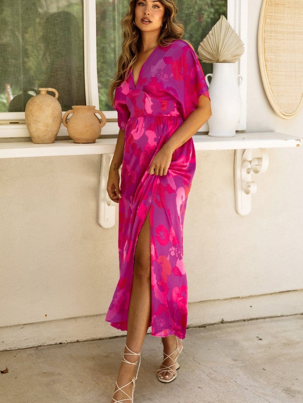 Floral Charm V Neck Dolman Sleeve Maxi Dress