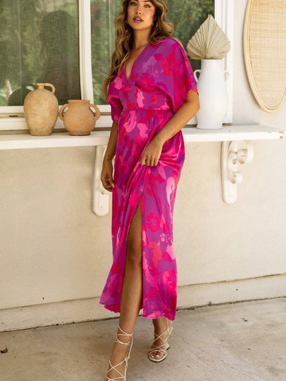 Floral Charm V Neck Dolman Sleeve Maxi Dress