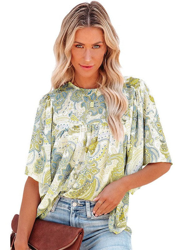 Floral Chiffon Top with Lantern Sleeves for Women