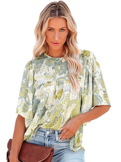 Floral Chiffon Top with Lantern Sleeves for Women