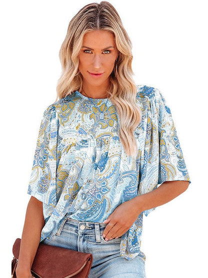 Floral Chiffon Top with Lantern Sleeves for Women