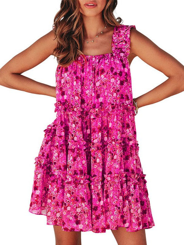 Floral Contrast Print High Waist Square Neck Suspender Skirt