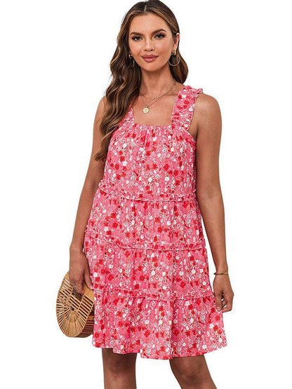 Floral Contrast Print High Waist Square Neck Suspender Skirt