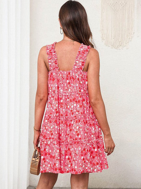 Floral Contrast Print High Waist Square Neck Suspender Skirt