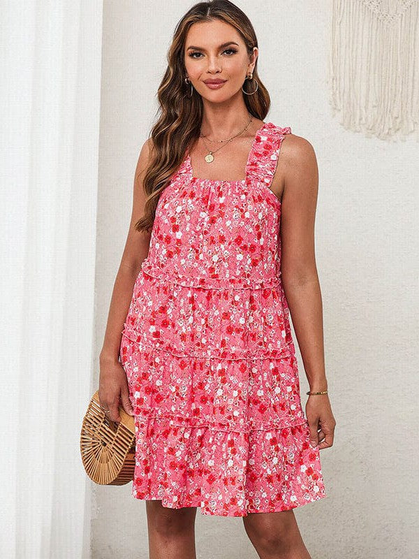 Floral Contrast Print High Waist Square Neck Suspender Skirt