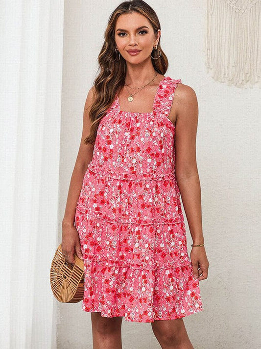 Floral Contrast Print High Waist Square Neck Suspender Skirt