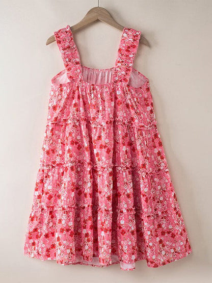 Floral Contrast Print High Waist Square Neck Suspender Skirt