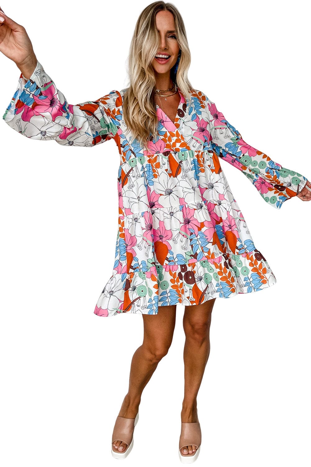Floral Crepe Bell Sleeve Mini Dress