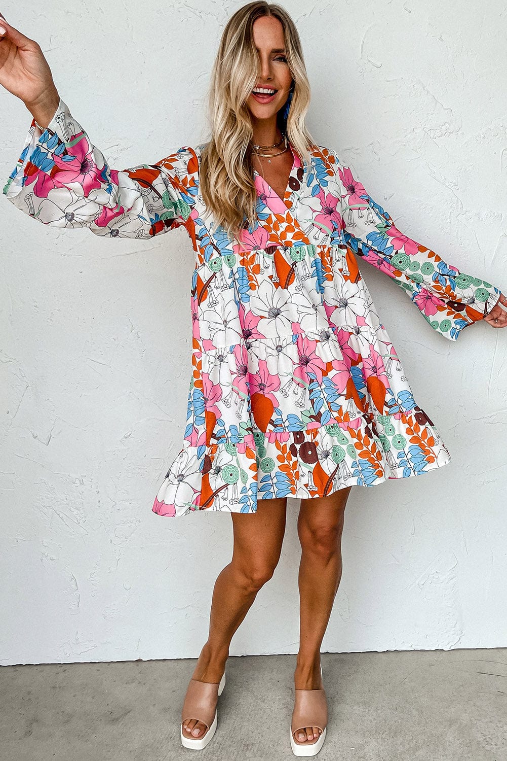 Floral Crepe Bell Sleeve Mini Dress