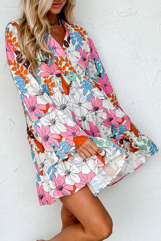 Floral Crepe Bell Sleeve Mini Dress